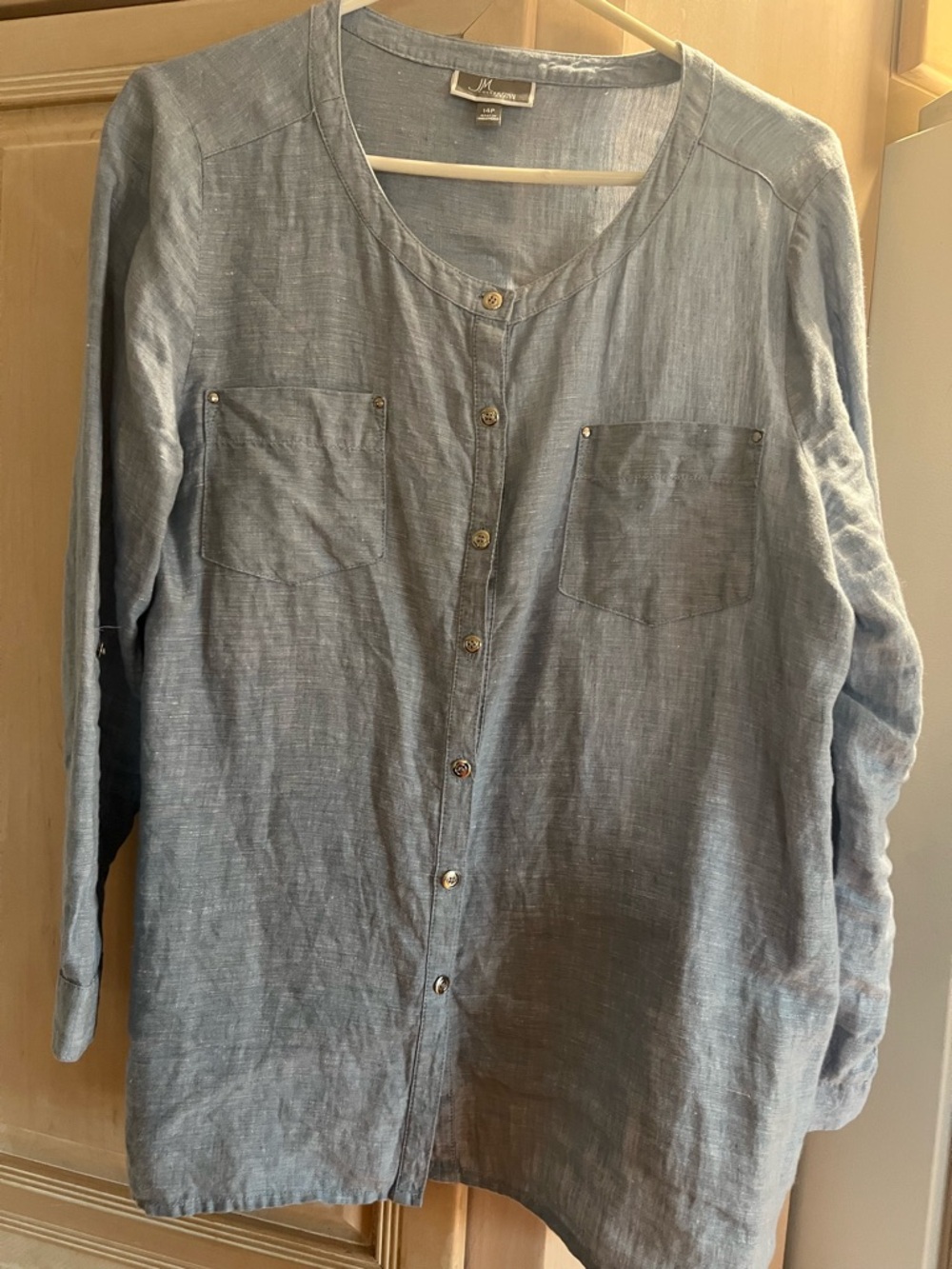 JM Collection Light Blue Long-Sleeve Button-Front Linen Shirt